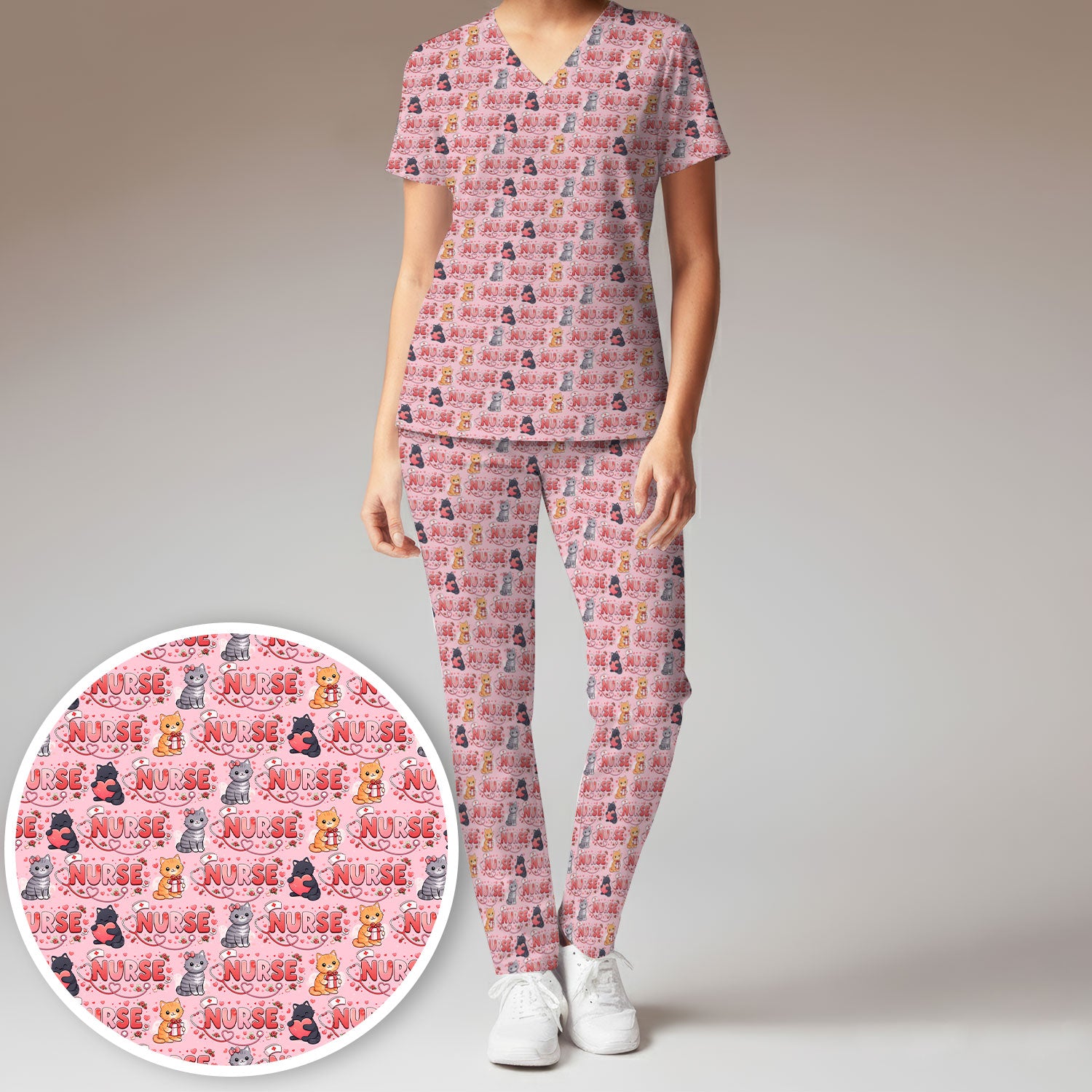 Nurse Cat Heart Pattern Valentine Scrub Set, Women's Scrub Sets V Neck Top