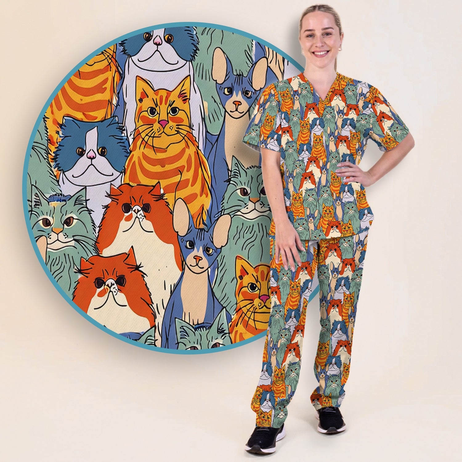 Cute Multicolor Cat Faces Illustration Pattern Scrub Set, Scrub Pants and V Neck Top