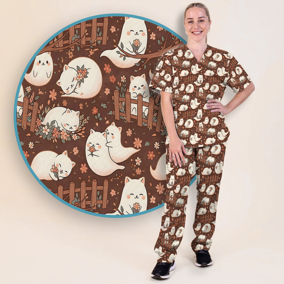 Floral Cat with Garden Fence Print Scrub Set, Scrub Pants and V Neck Top