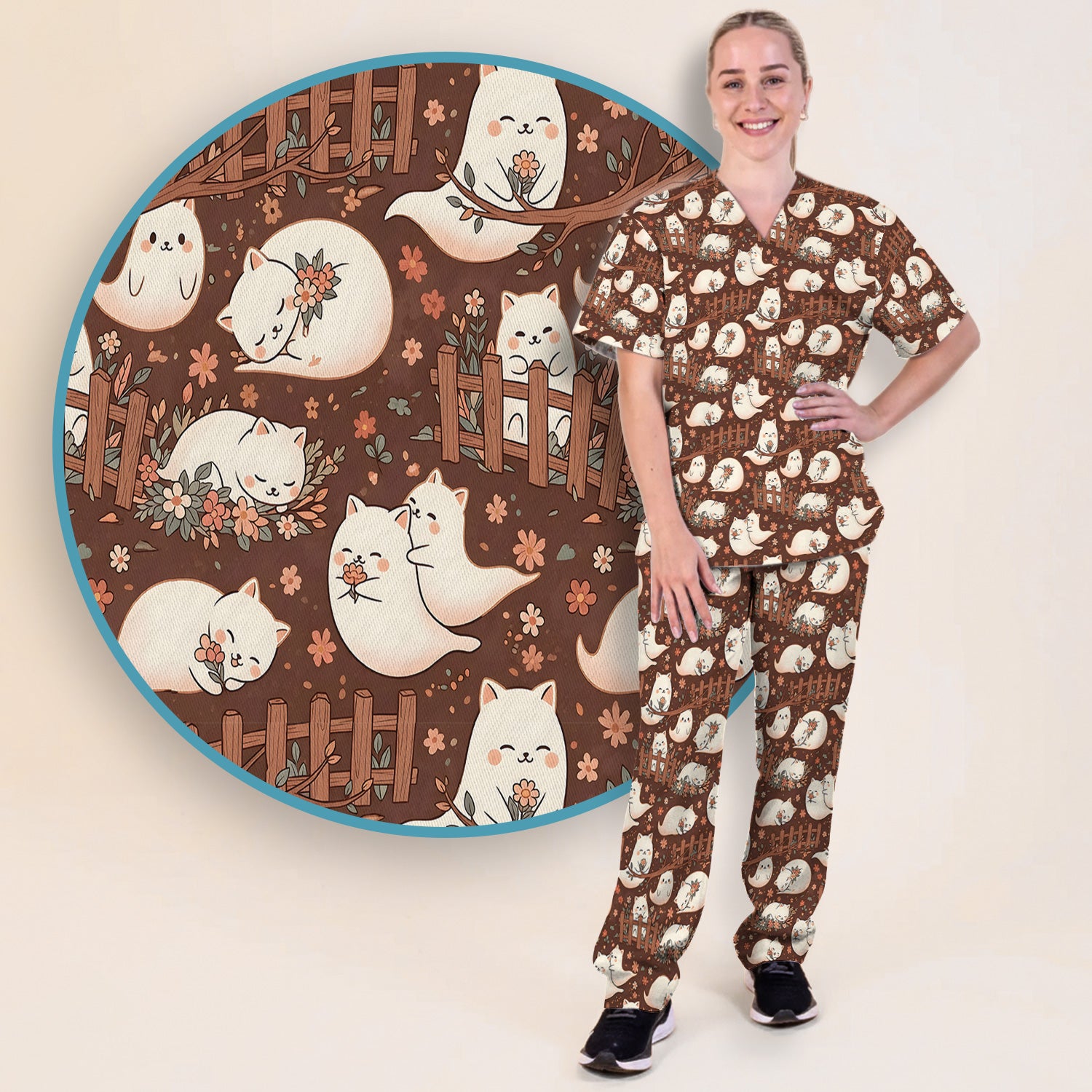 Floral Cat with Garden Fence Print Scrub Set, Scrub Pants and V Neck Top