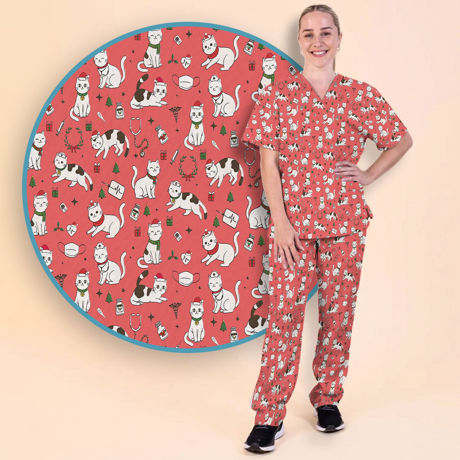 Christmas Cat Scrub Set – Festive Nurse & Holiday Kitty Pattern – Cute Medical Uniform for Nurses, Vets and Healthcare Workers
