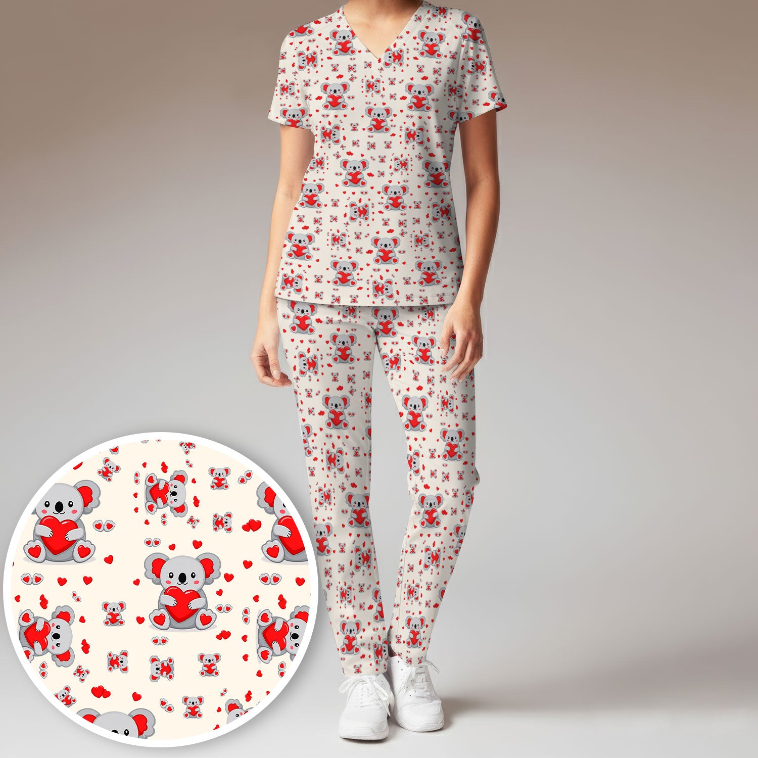 Valentine Cute Koala Heart Pattern Medical Outfit, Women's Scrub Sets