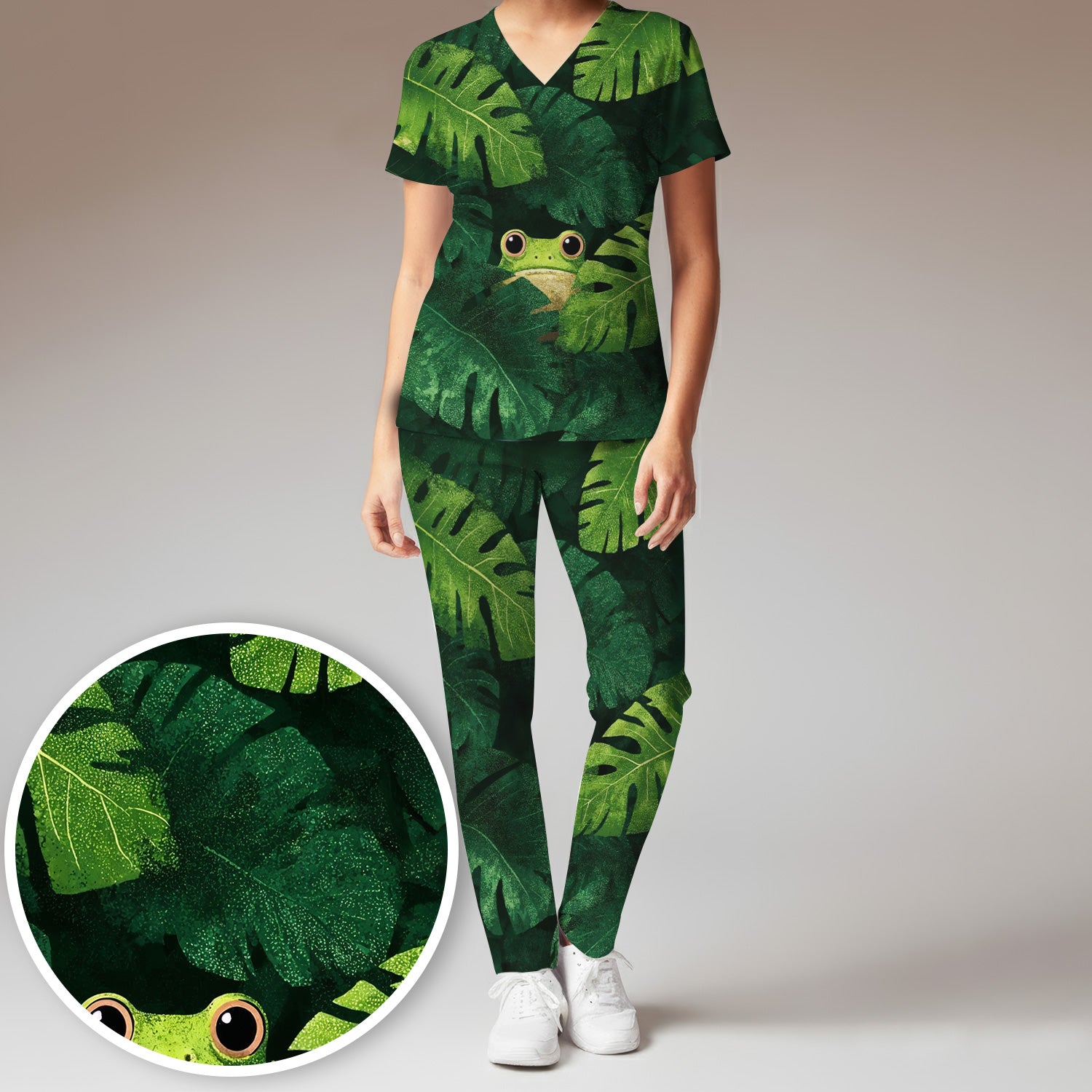 Cute Frog Hiding Jungle Leaves Pattern Nurse Scrub Set, Scrub Pants and V Neck Top