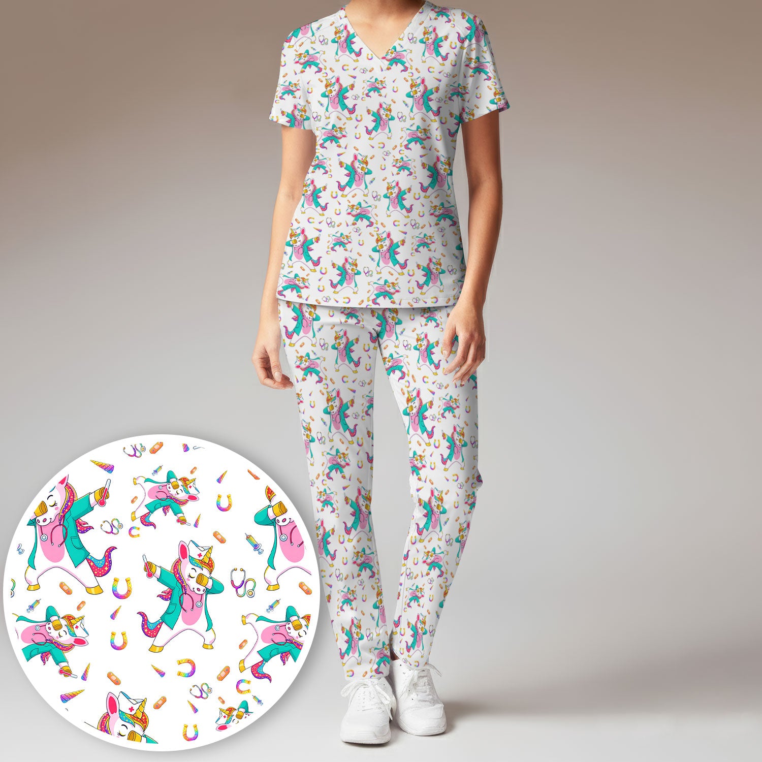 Cute Unicorn Nurse Dance Pattern Women's Sets, Scrub Pants and V Neck Top