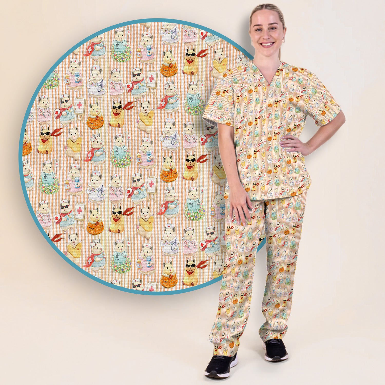 Cute Nurse Hamster Pattern Scrubs Sets, Scrub Pants and V Neck Top