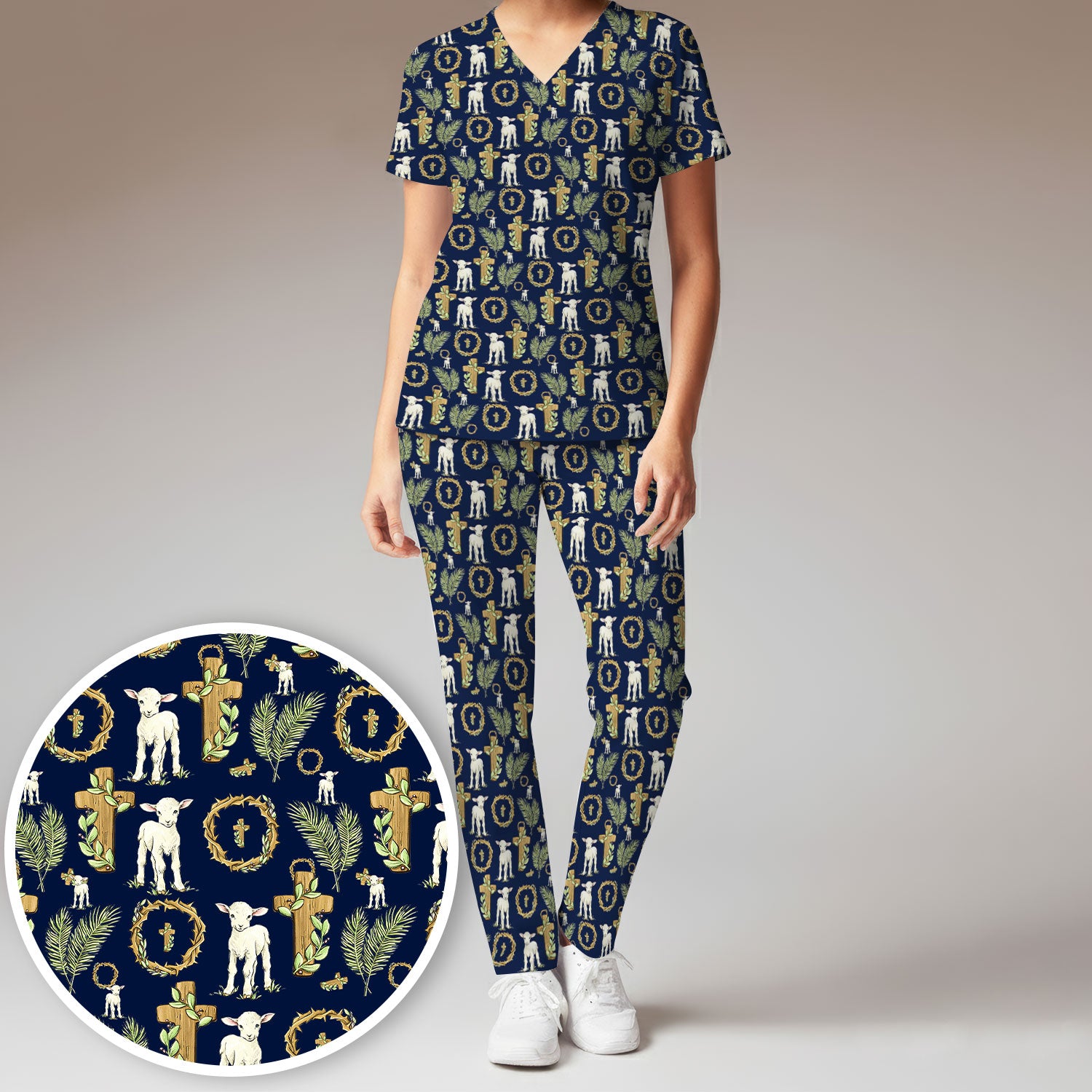 Faith Lamb Cross Pattern Women's Scrub Set, Scrub Pants and V Neck Top