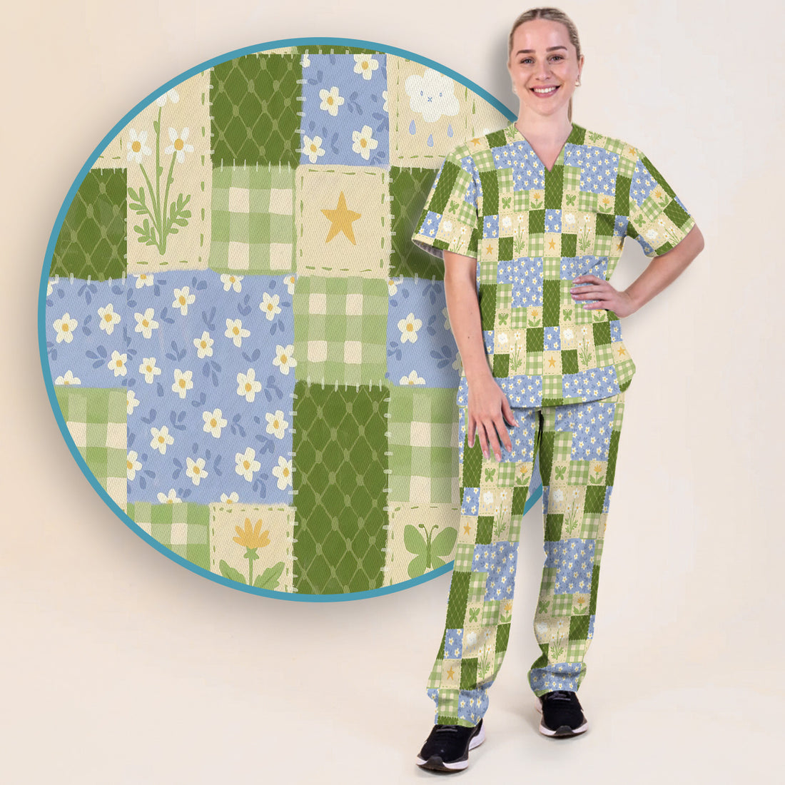 Green Patchwork Clover Floral Pattern Scrub Set, Scrub Pants and V Neck Top