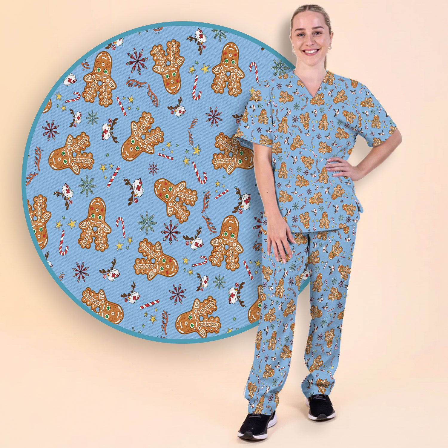 Gingerbread Cookies Reindeer Scrub Sets - Comfortable Scrubs for Nurses - Funny Christmas Gingerbread Scrub Pants and V Neck Top