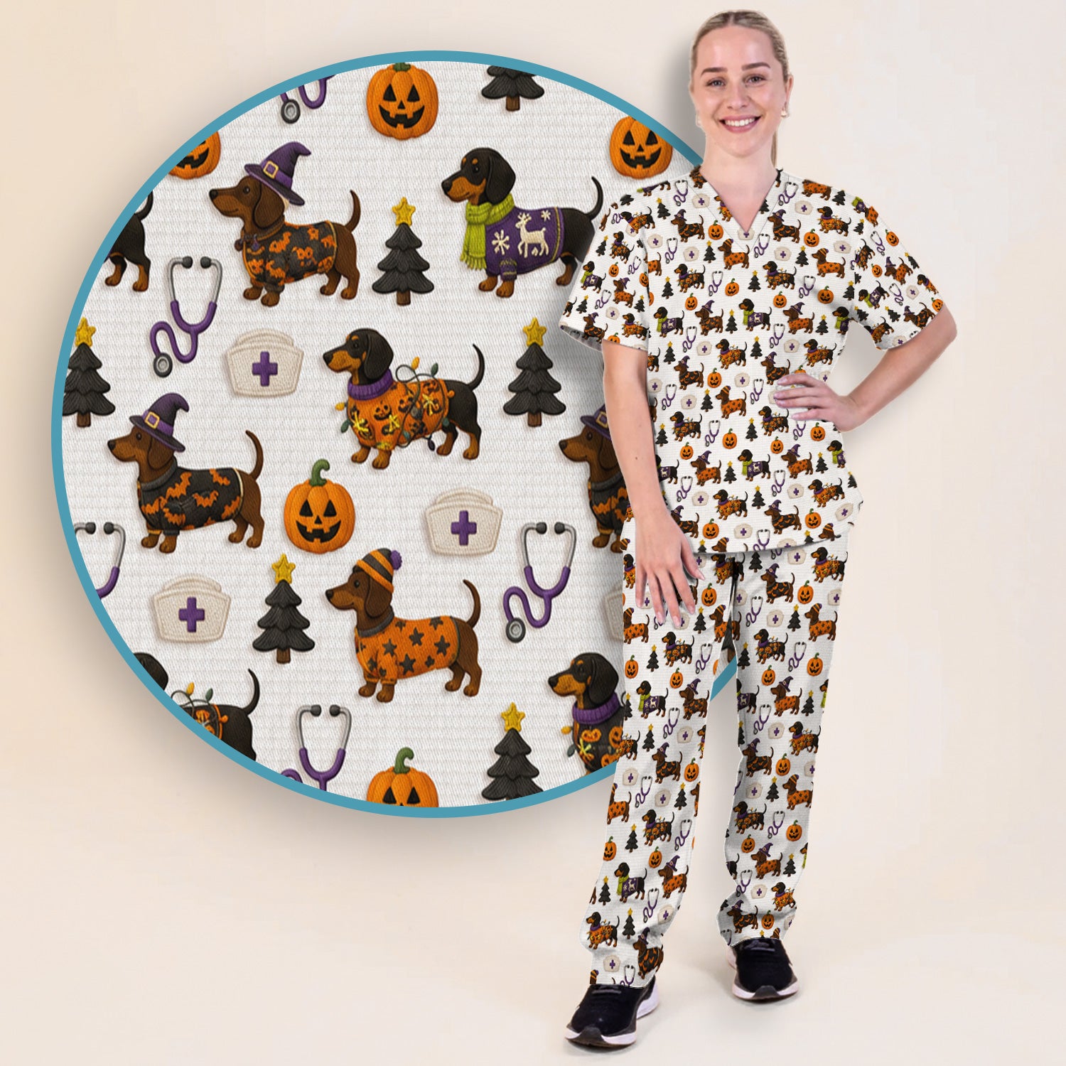 Halloween Dachshund with Pumpkin Stethoscope Print Scrub Set, Scrub Pants and V Neck Top