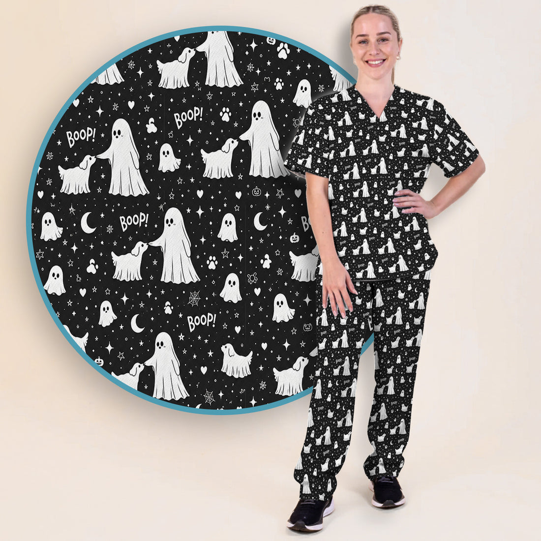 Halloween Ghost Boop Dog Pattern Scrub Set, Scrub Pants and V Neck Top
