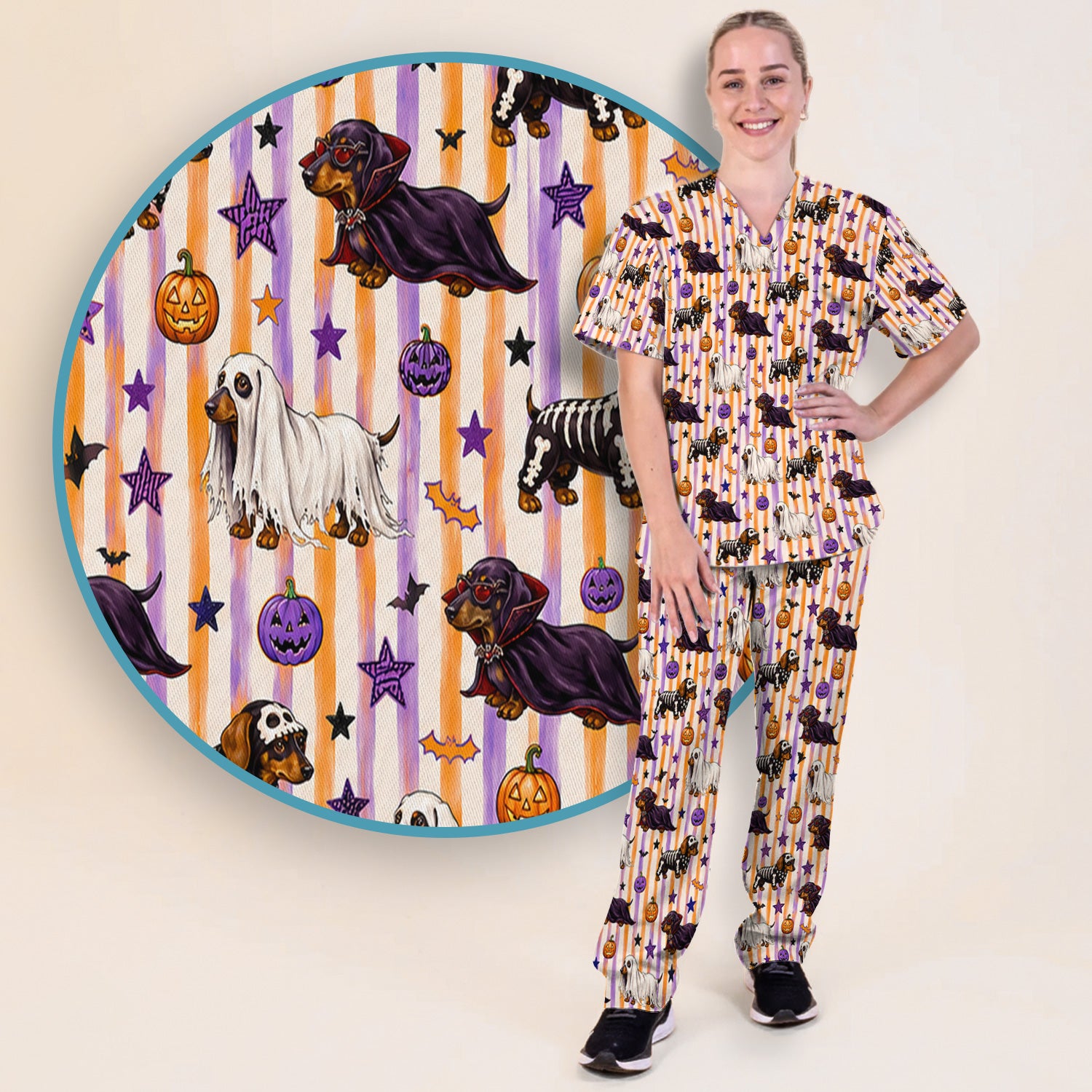 Halloween Dachshund Stripe Pattern Scrub Set, Scrub Pants and V Neck Top