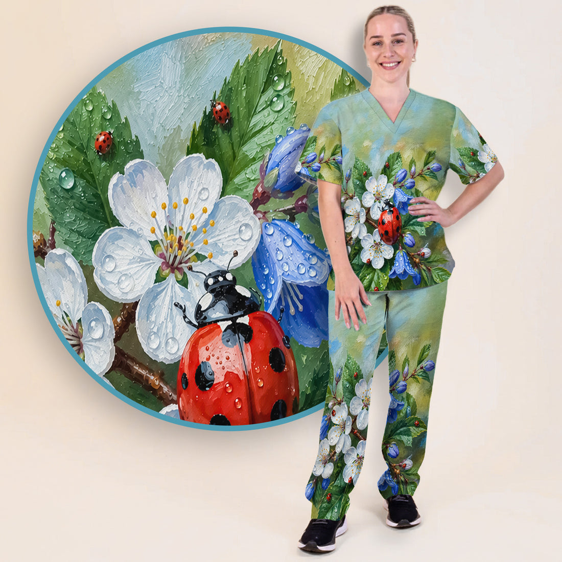 Cute Ladybug Blossom Garden Pattern Scrub Set, Scrub Pants and V Neck Top