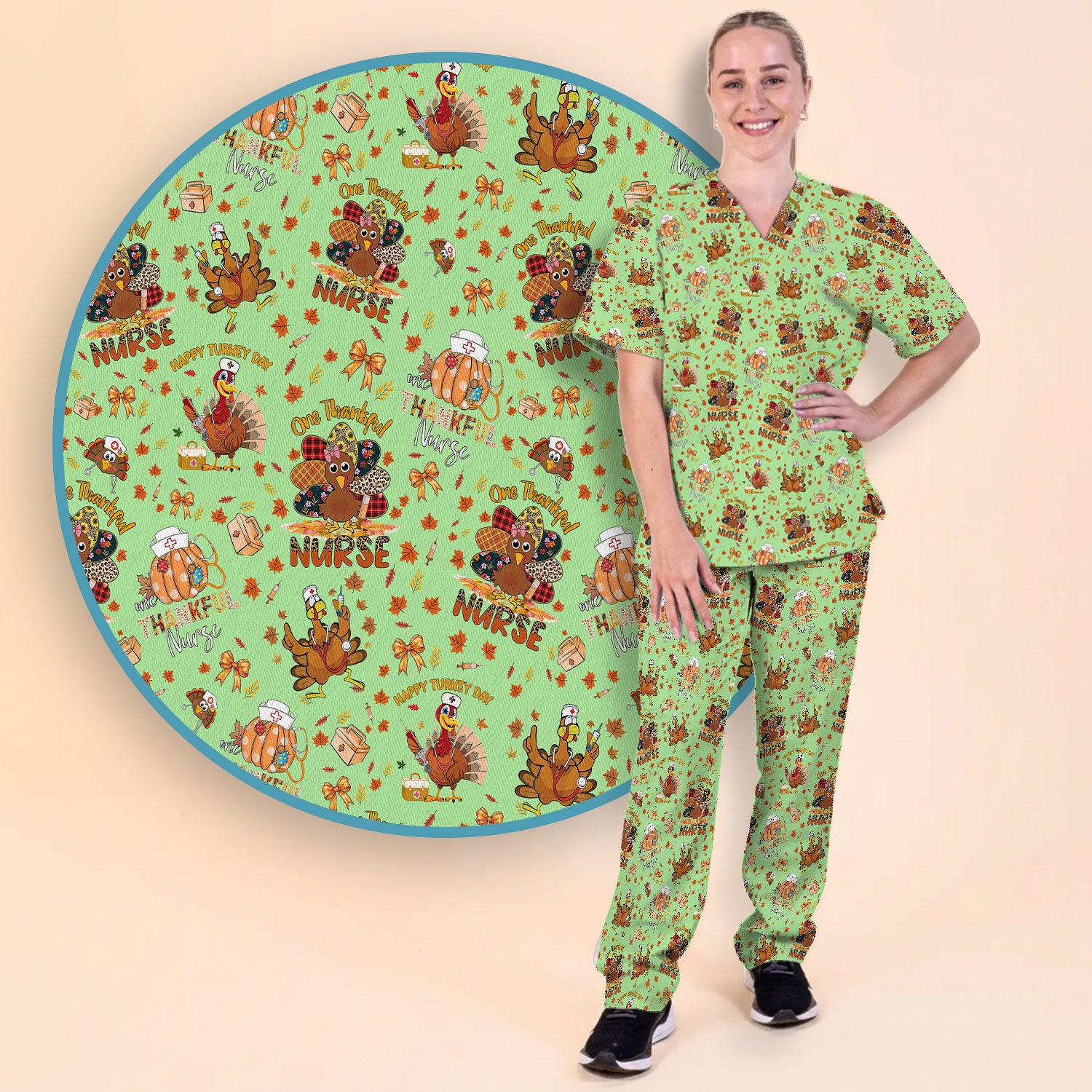 Thanksgiving Nurse Fall Scrub Sets for Women - Cute Turkey and Pumpkin Scrubs Pants and V Neck Top - Autumn Med Gift for Her