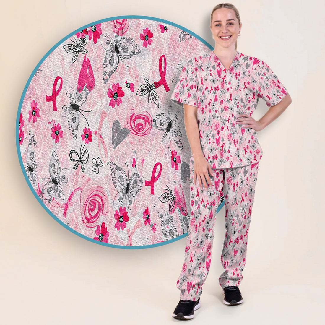 Breast Cancer Awareness Butterfly Floral Scrub Set, Scrub Pants and V Neck Top
