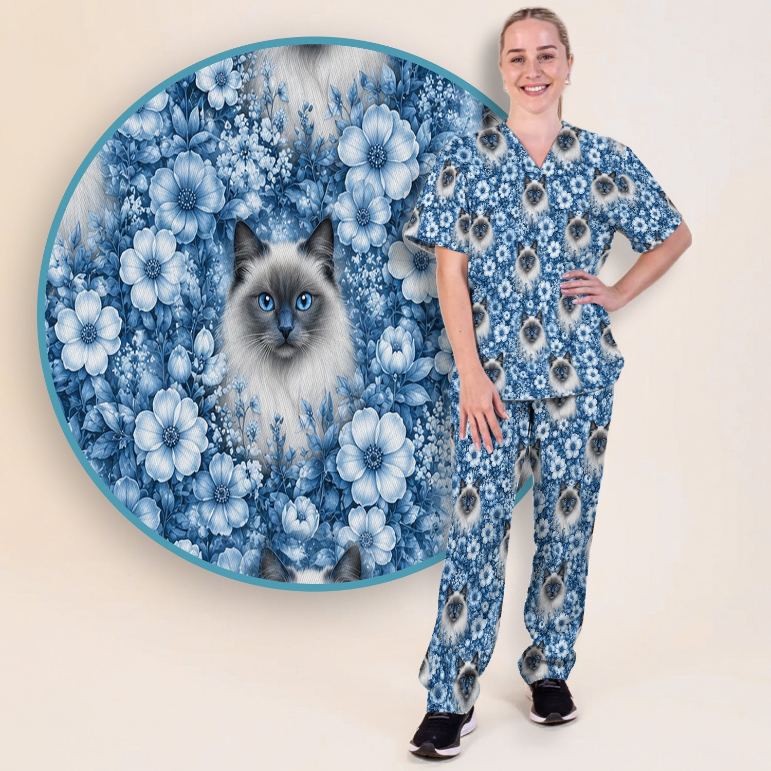Blue Floral Ragdoll Cat Pattern Scrub Set, Scrub Pants and V Neck Top