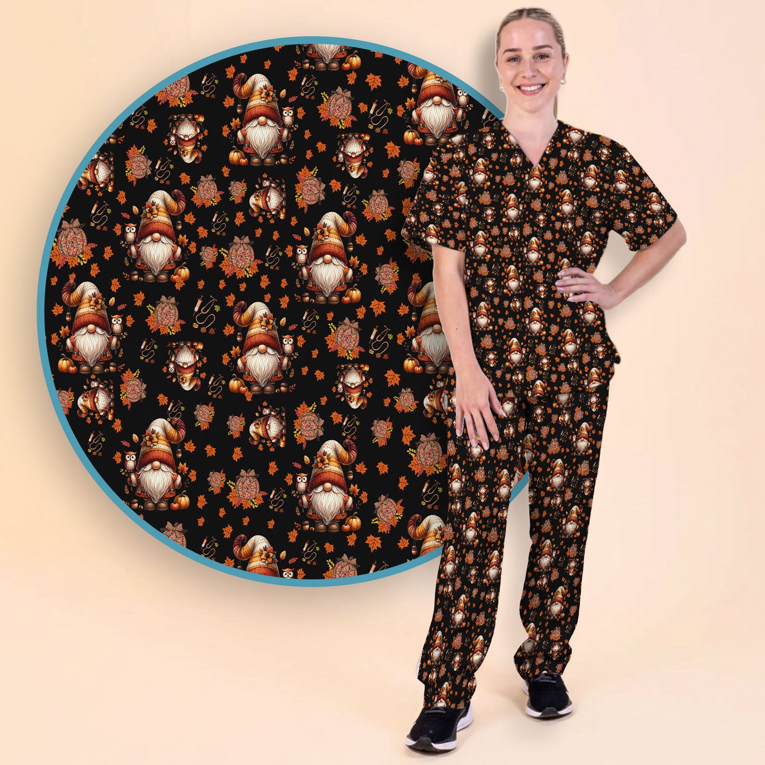 Fall Gnome Women's Scrub Sets - Autumn Leaves Pumpkin Scrub Pants and V Neck Top - Thanksgiving Nursing Uniform