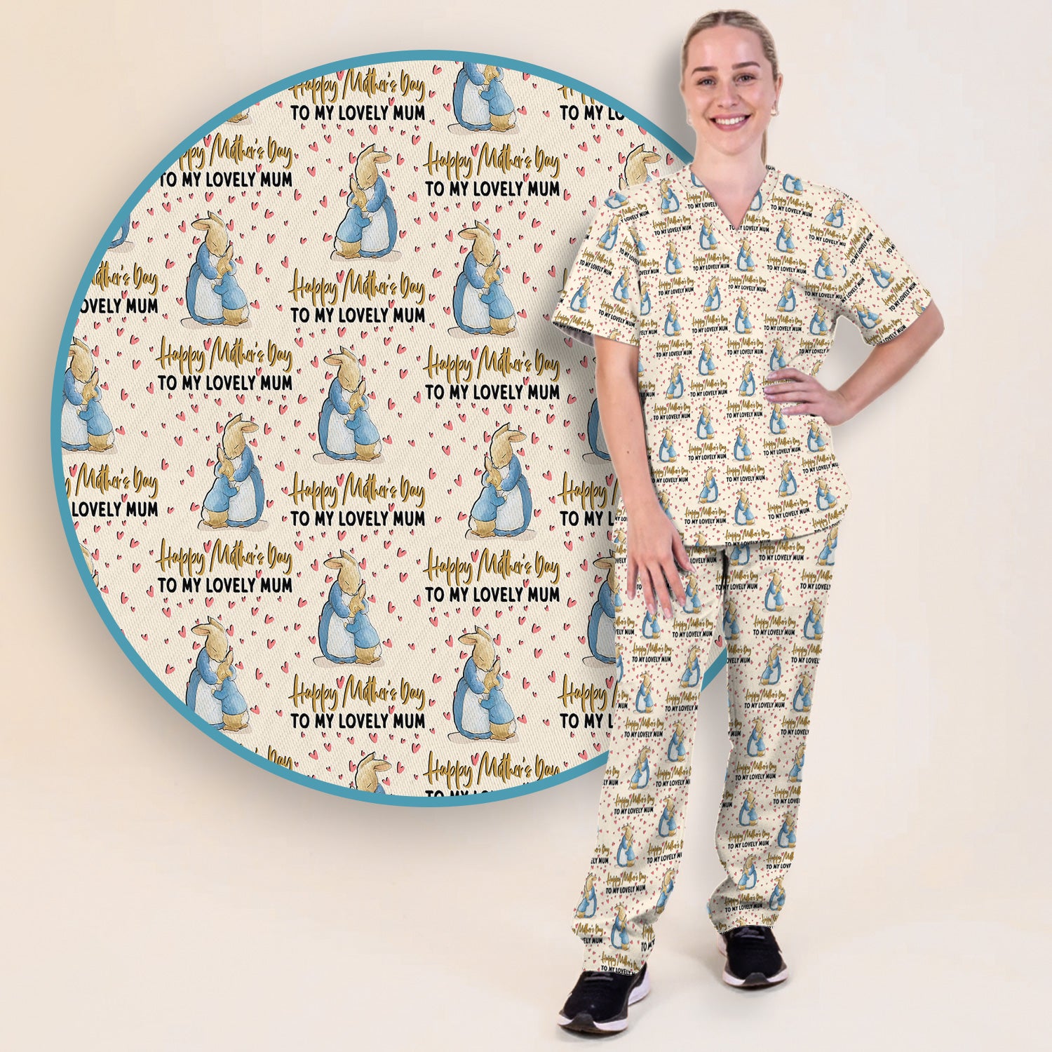 Happy Mothers Day Bunny Love Pattern Scrub Sets, Scrub Pants and V Neck Top