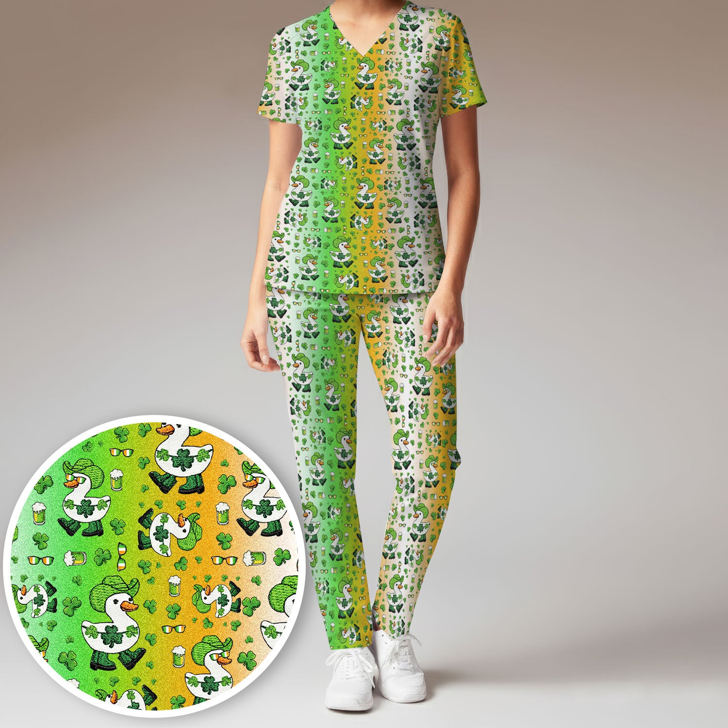 St. Patrick Goose Shamrock Medical Pattern Scrub Set, Breathable Med Uniform