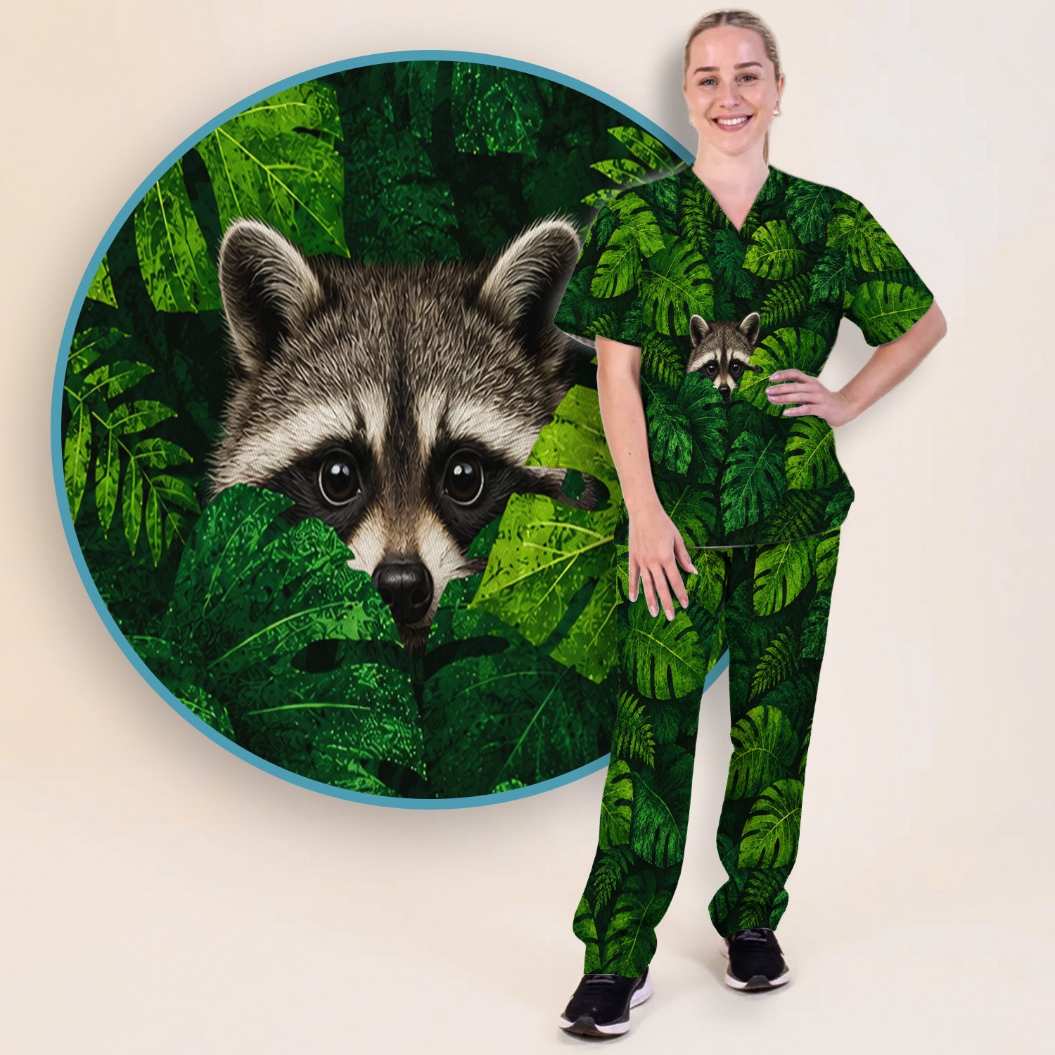 Cute Raccoon Tropical Leaf Pattern Scrub Set, Scrub Pants and V Neck Top