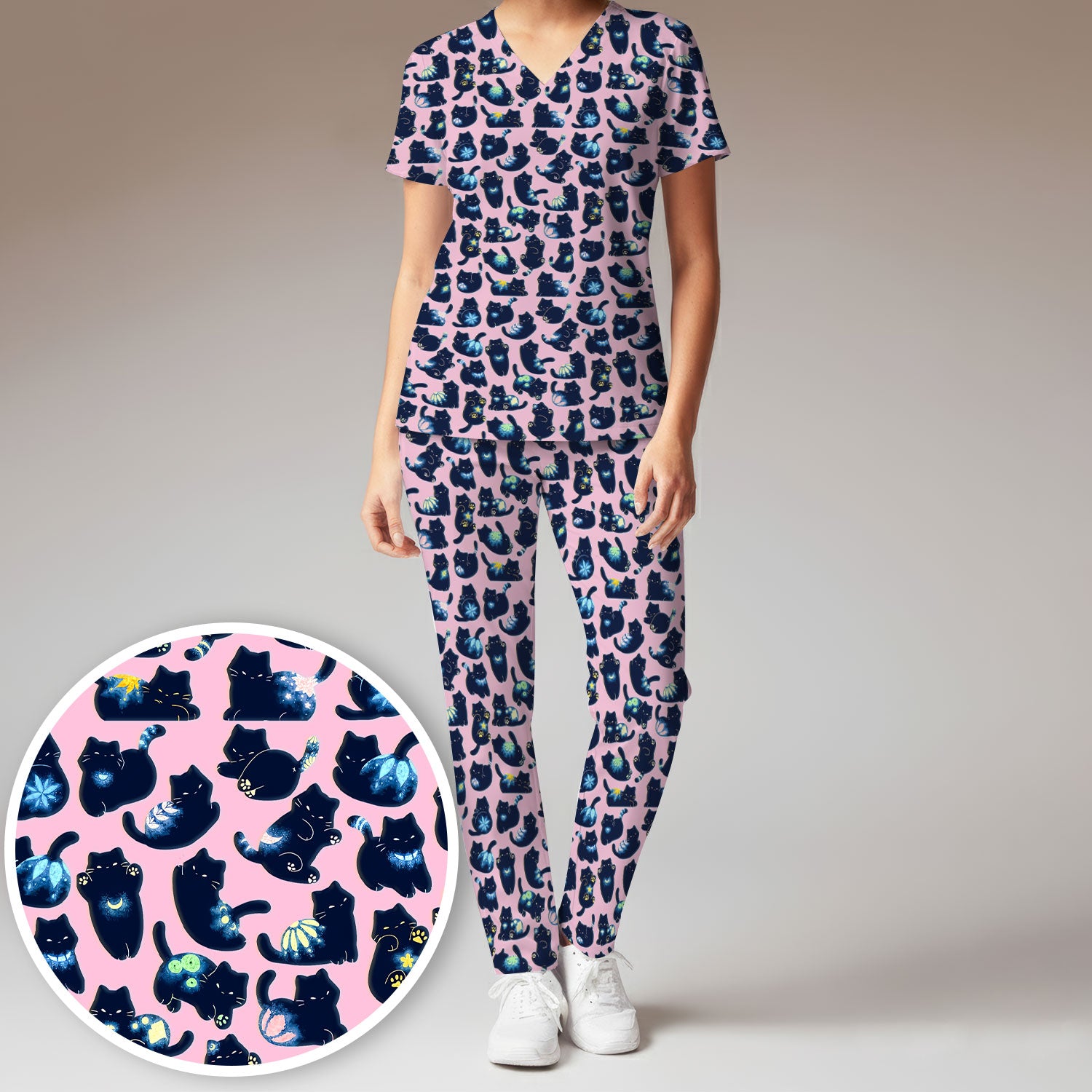 Midnight Cat Scrub Set, Black Cat Pattern Nurse Shirt, Breathable Fabrics Nursing Uniform