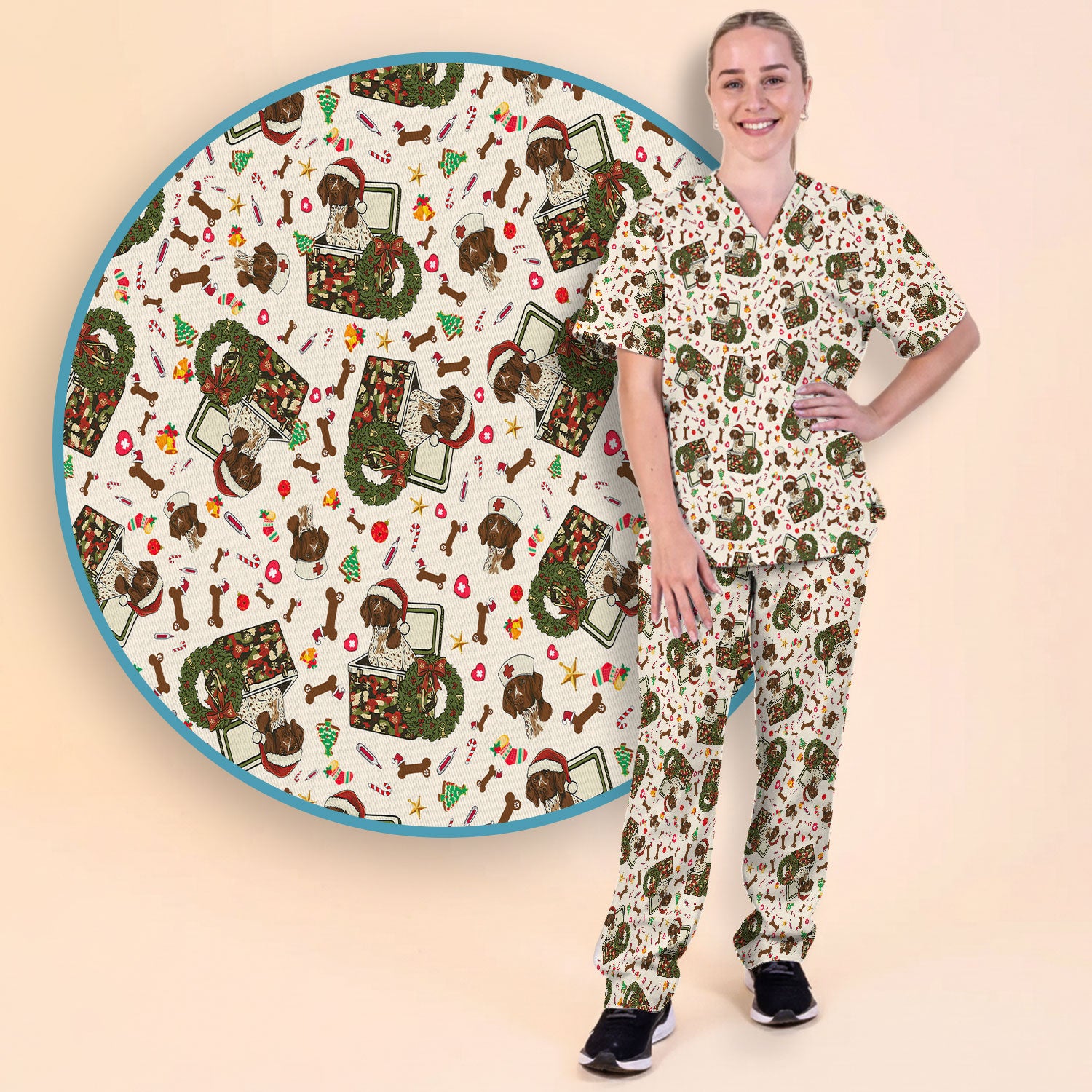 Christmas Dachshund Scrub Set - Cute Sausage Dog Nursing Pants and V Neck Top - Funny Holiday Medical Uniform