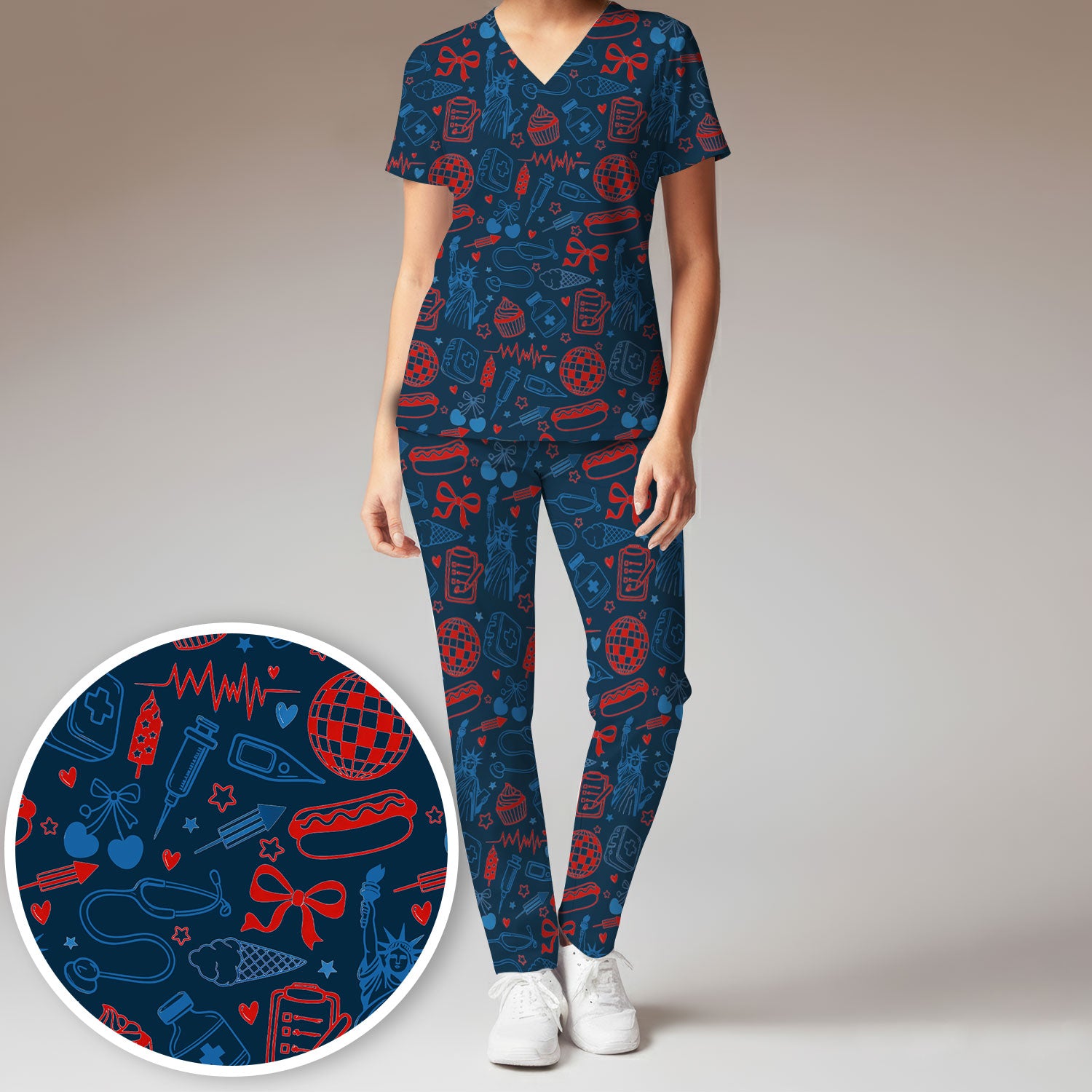 Patriotic Nurse Medical Icons Pattern Scrub Set, Scrub Pants and V Neck Top