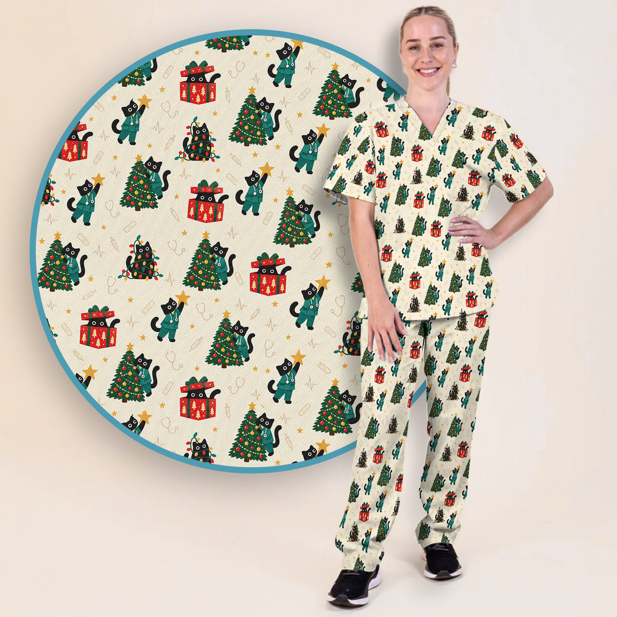 Christmas Black Nurse Cats And Trees Scrub Set, Scrub Pants and V Neck Top