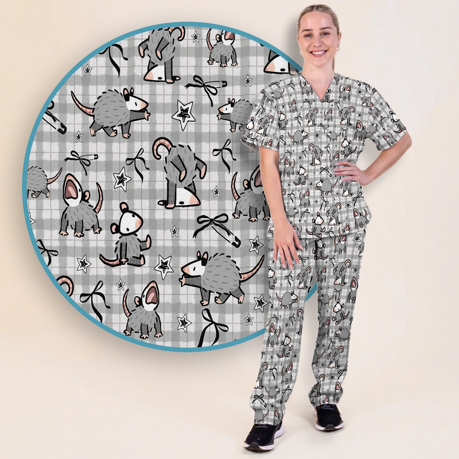 Funny Mouse Cartoon Pattern Scrub Set, Scrub Pants and V Neck Top