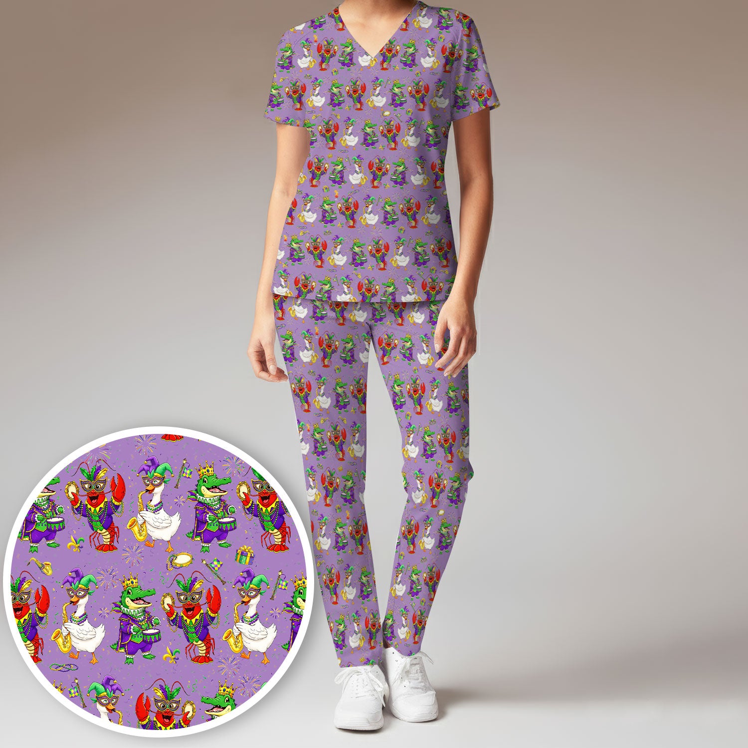 Crawfish And Duck Carnival Scrub Set, Mardi Gras Parade Pattern Nurse Shirt, Breathable Fabrics Nursing Uniform
