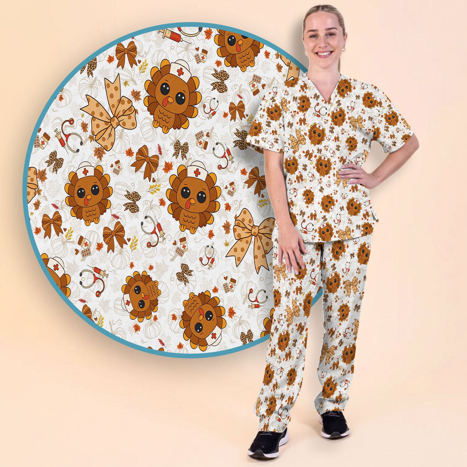 Thanksgiving Turkey Nurse Scrub Set for Women - Cute Fall Leaves and Bow Scrub Pants and V Neck Top - Autumn Medical Uniform