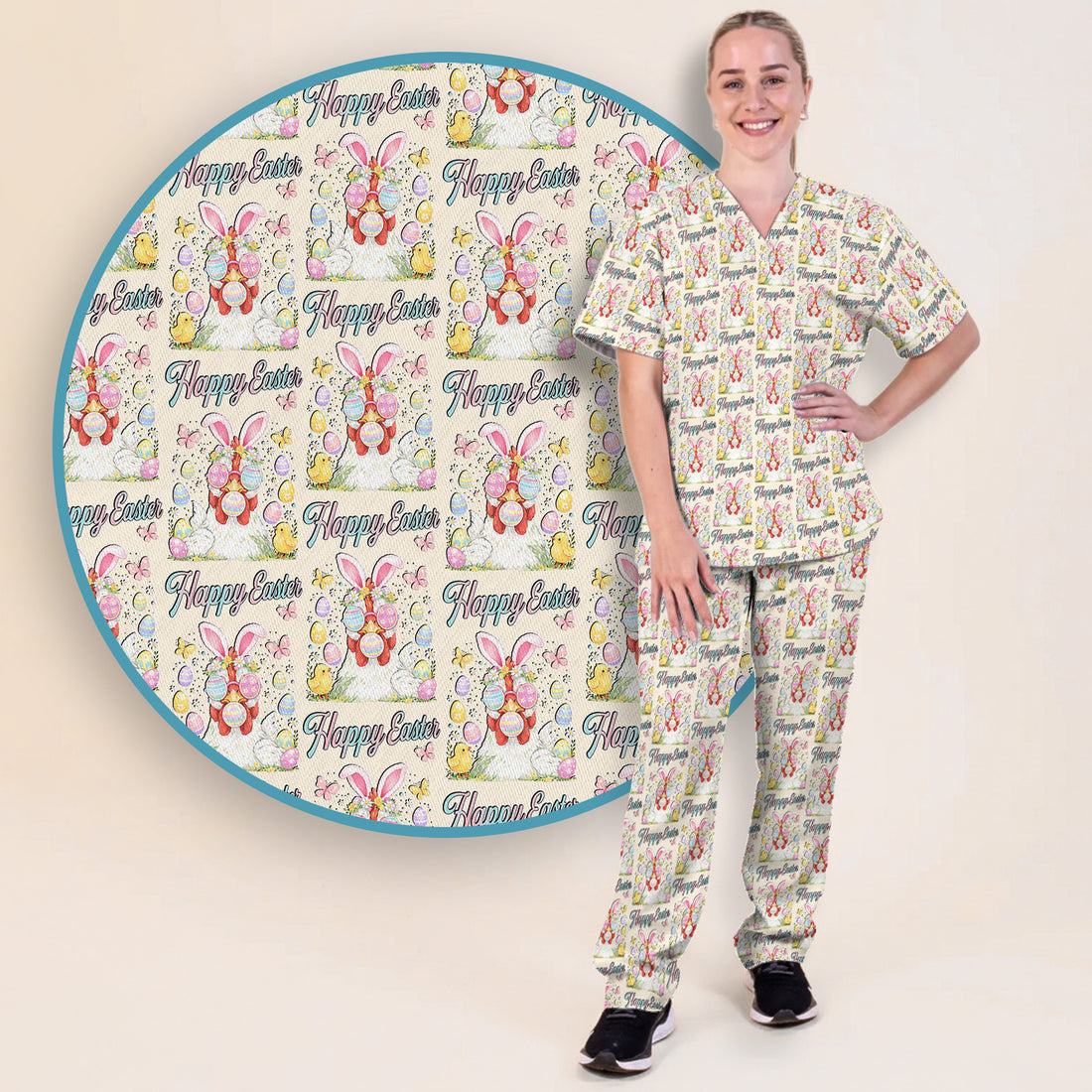 Happy Easter Bunny Eggs Pattern Scrub Set, Scrub Pants and V Neck Top