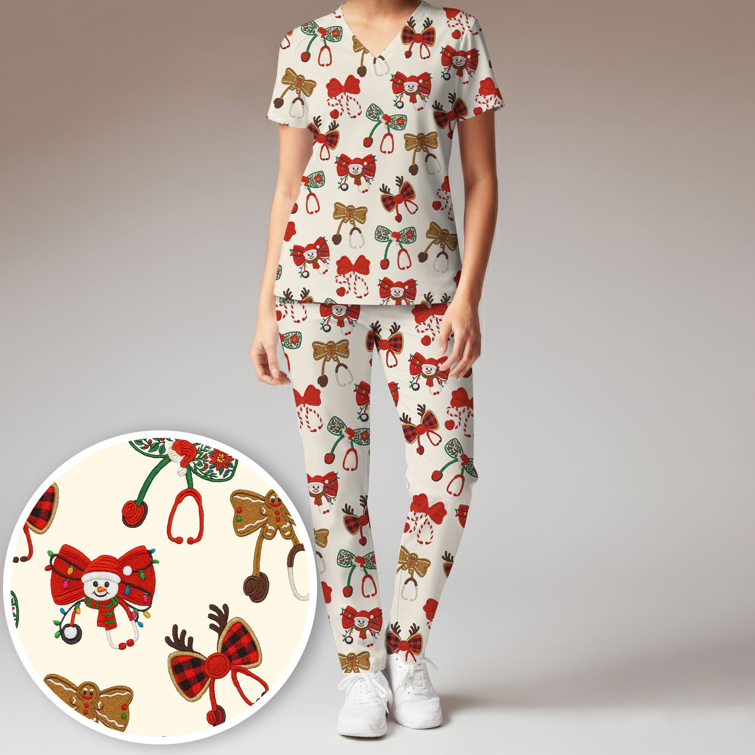 Christmas Stethoscope Bow Nurse Scrub Set, Xmas Pattern Scrub Shirt, Holiday Nursing Uniform