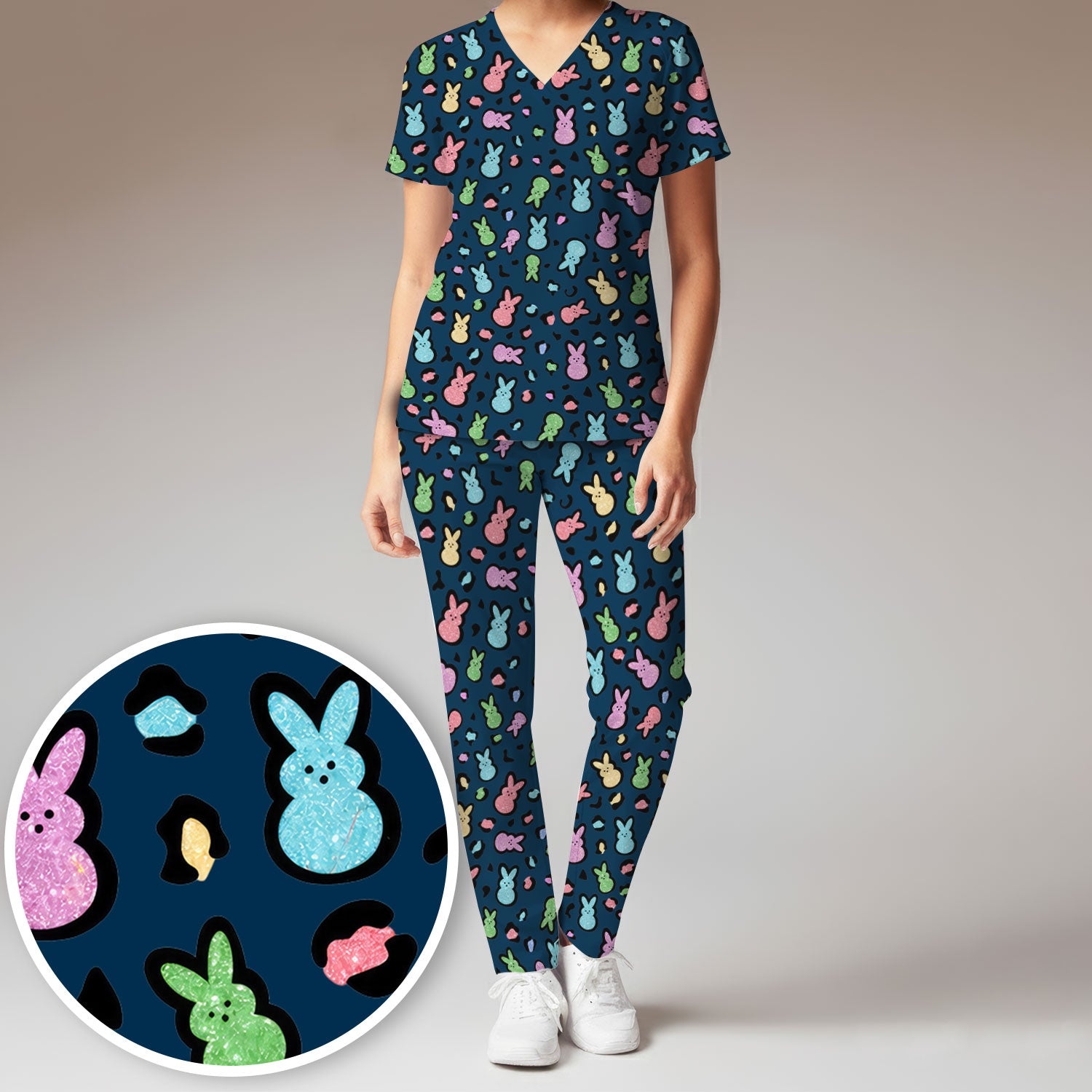Cute Easter Bunny Pastel Pattern Scrub Set, Scrub Pants and V Neck Top