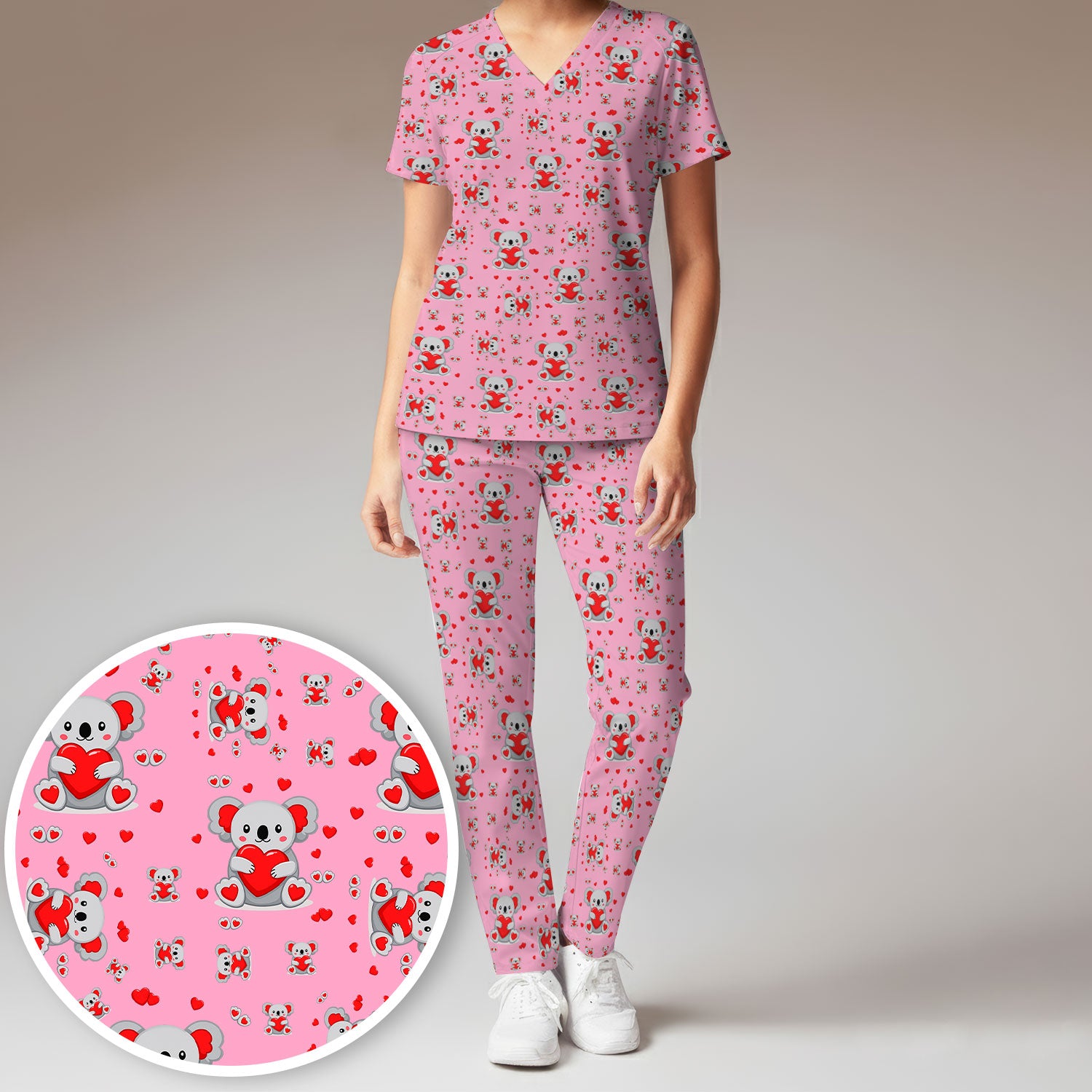 Valentine Cute Koala Heart Pattern Medical Outfit, Women's Scrub Sets