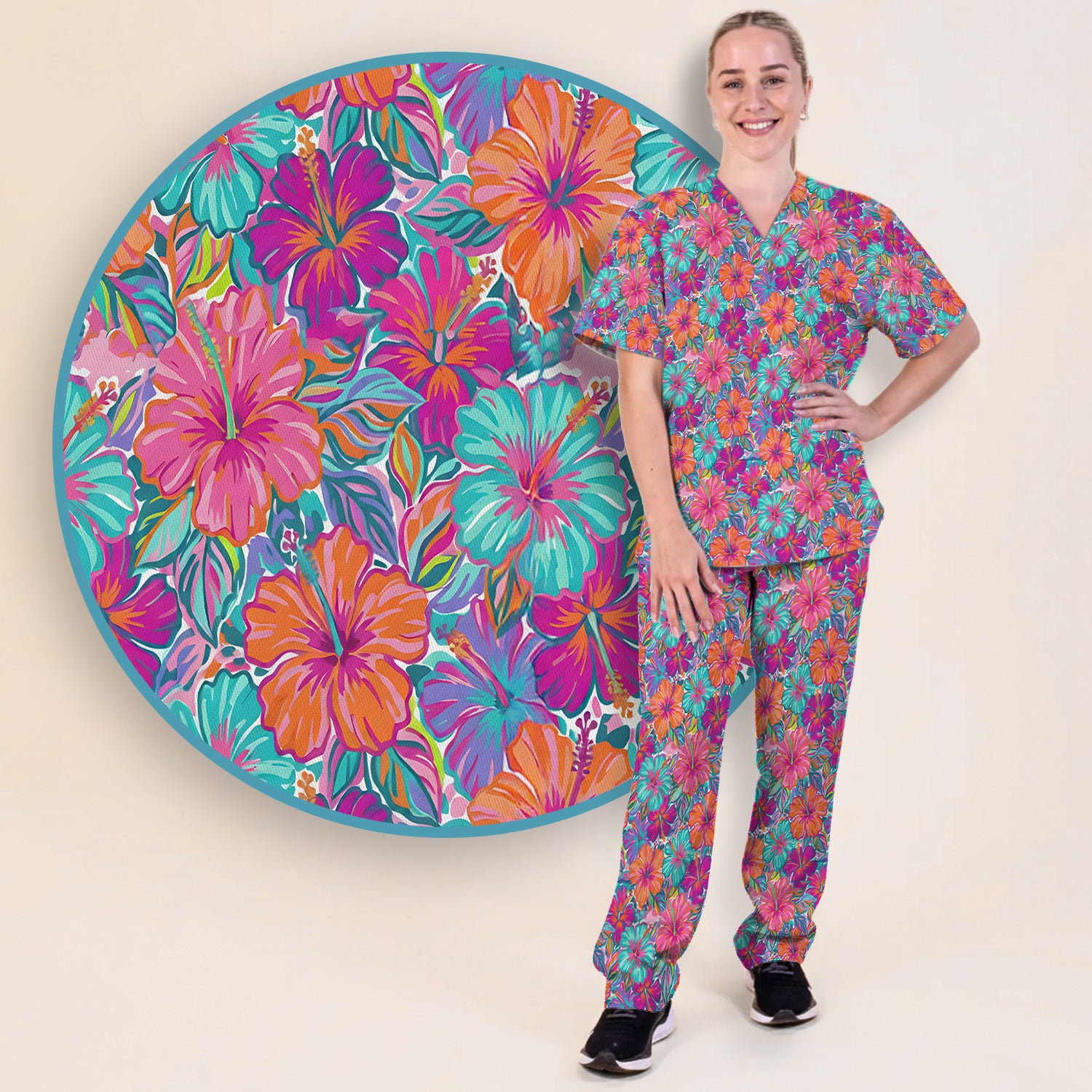 Vibrant Hibiscus Tropical Floral Pattern Scrub Set, Scrub Pants and V Neck Top