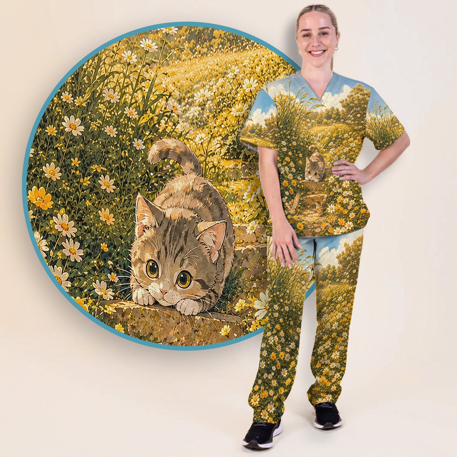 Sunny Garden Cat Nurse Pattern, Floral Medical Scrub Set, Scrub Pants and V Neck Top