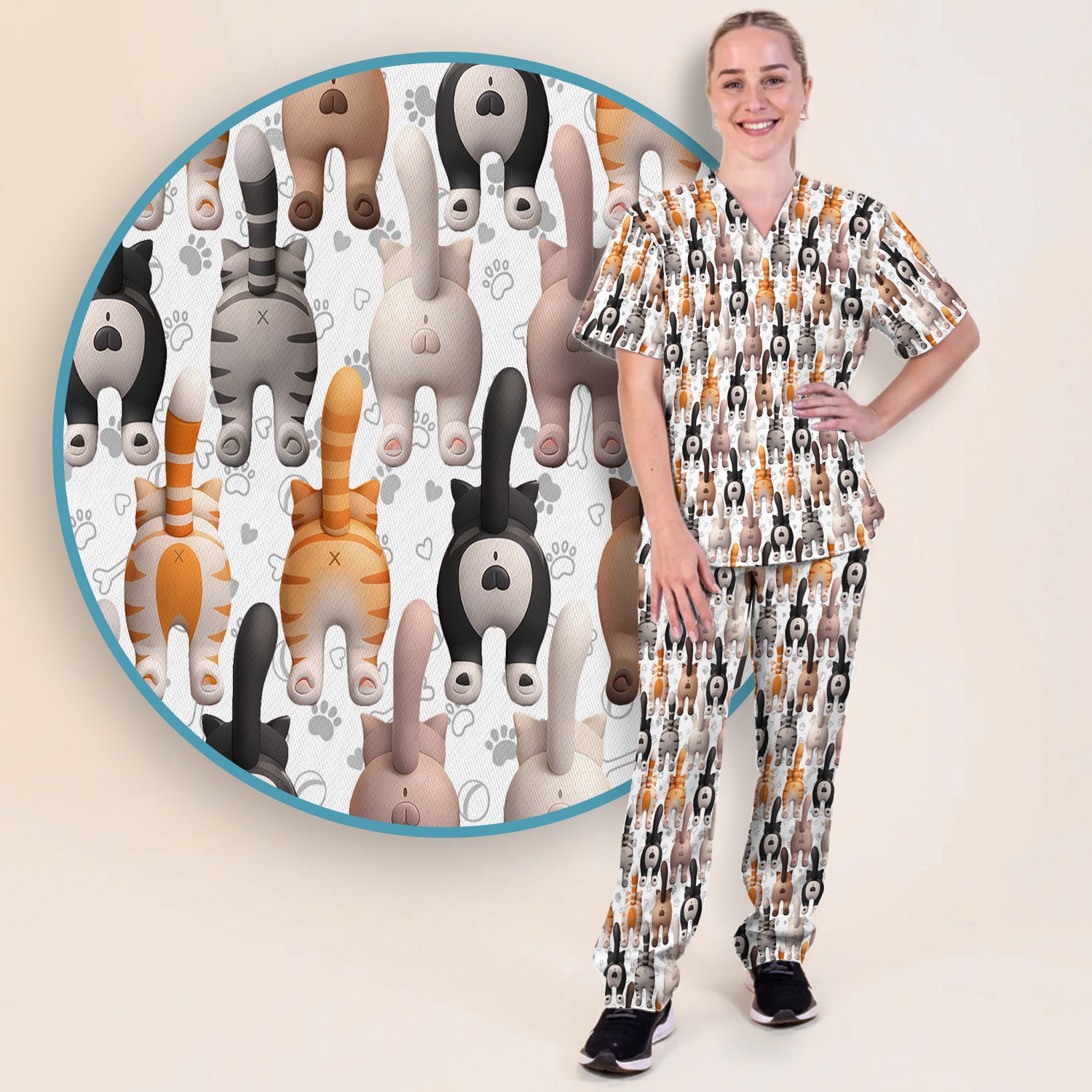 Funny Cat Butt Paw Print Pattern Scrub Set, Nurse Uniform Scrubs Set