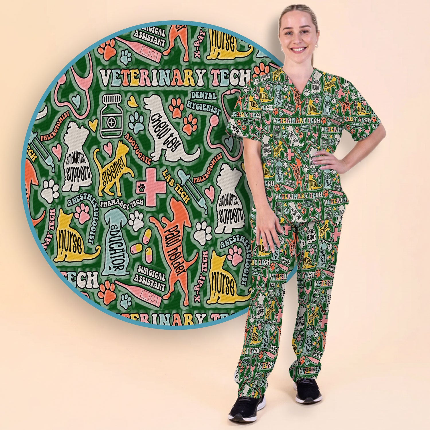Veterinary Tech Nurse Scrub Set - Dog Cat Pet Scrubs Pants and V Neck Top - Funny Vet Tech Animal Scrubs for Women LPN RN CNA