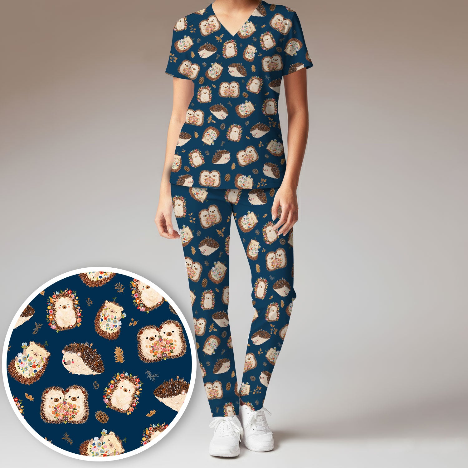 Cute Hedgehog Floral Scrub Set, Breathable Med Uniform