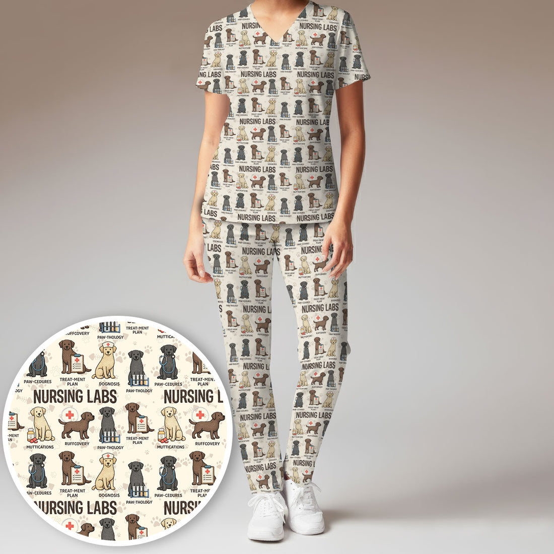 Playful Nursing Labs Dog Pattern Scrub Set, Nurse Uniform Scrubs Set