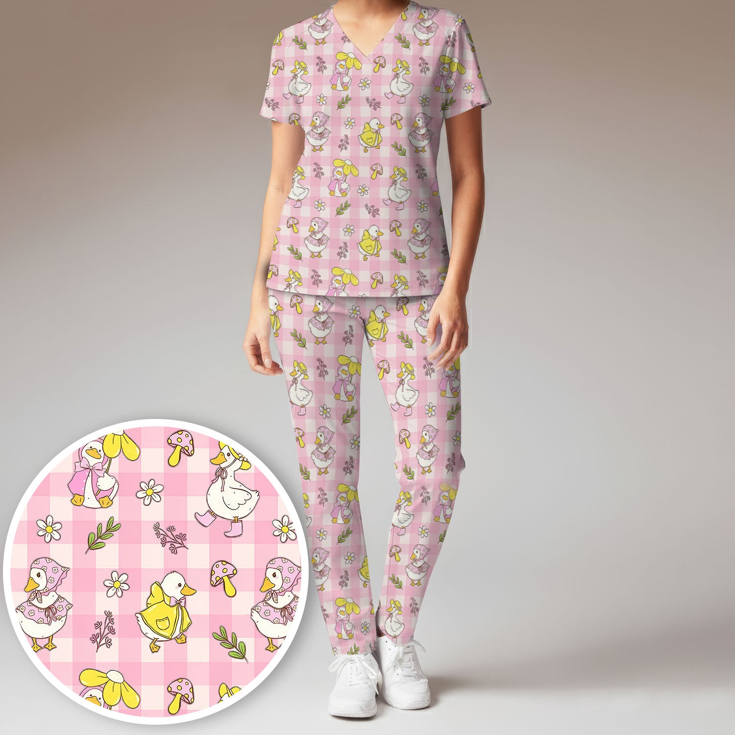 Cute Duck Outfit Gingham Pattern Scrub Set, Scrub Pants and V Neck Top