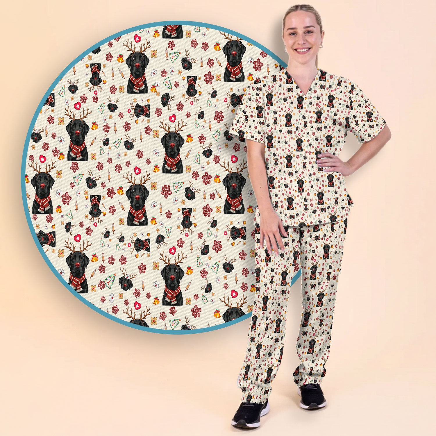 Black Lab Christmas Scrub Set - Funny Labrador Nursing Pants and V Neck Top - Cute Holiday Medical Uniform