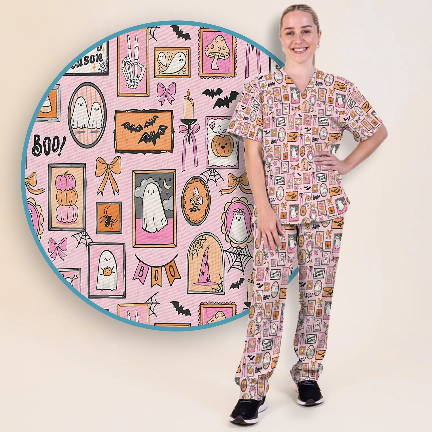 Pink Halloween Ghost Gallery Print Scrub Set, Scrub Pants and V Neck Top