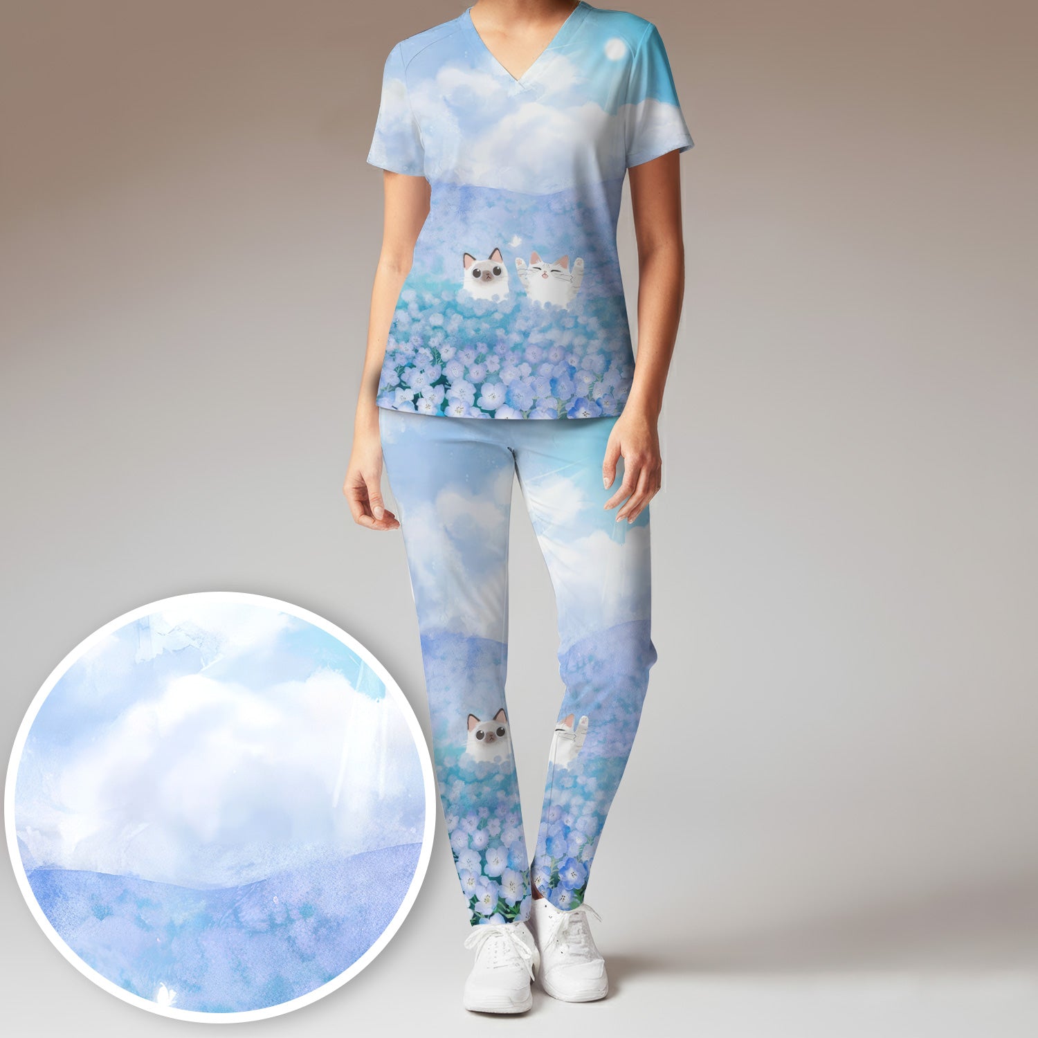 Dreamy Cat Cloud Hydrangea Sky Pattern Scrub Set, Scrub Pants and V Neck Top