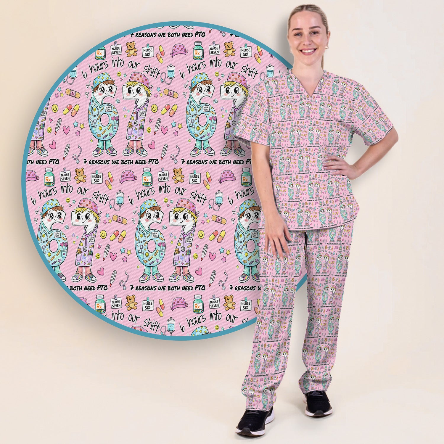 Cartoon Characters Six Hours Into Shift With Medical Doodle Scrub Set, Breathable Med Uniform