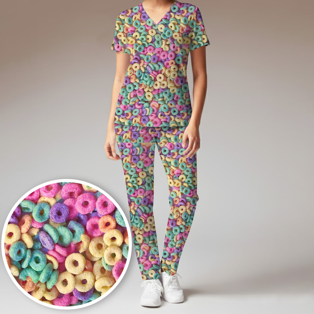 Colorful Cereal Loops Pattern Scrub Set, Scrub Pants and V Neck Top