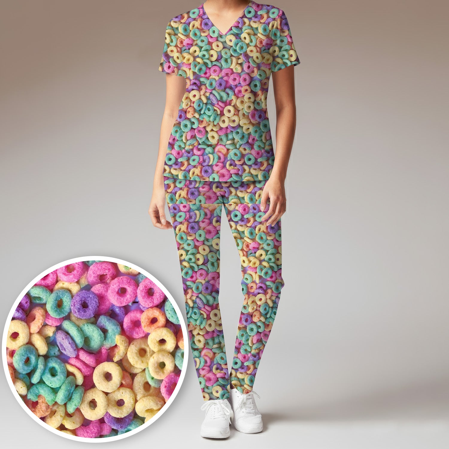 Colorful Cereal Loops Pattern Scrub Set, Scrub Pants and V Neck Top