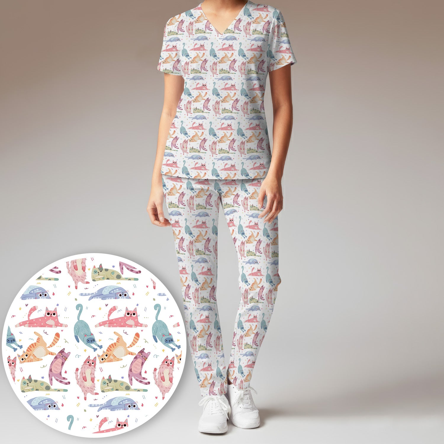 Funny Pastel Cat Pattern Medical Scrub Set, Breathable Fabrics Nursing Uniform