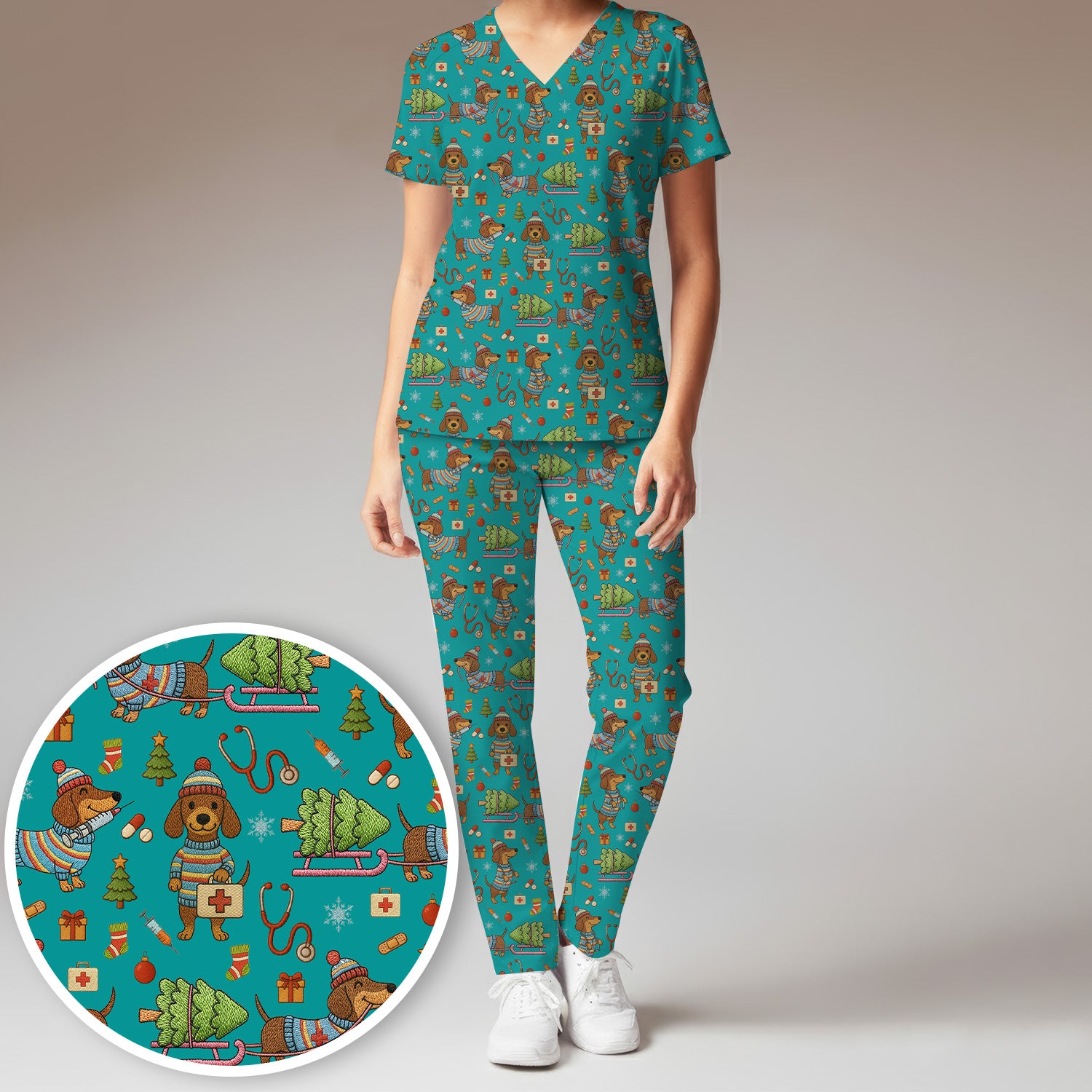 Dachshund Dog Scrub Set For Nurse, Funny Wiener Dog Lover Gift, Cute Dog 3D Knit Pattern Shirt
