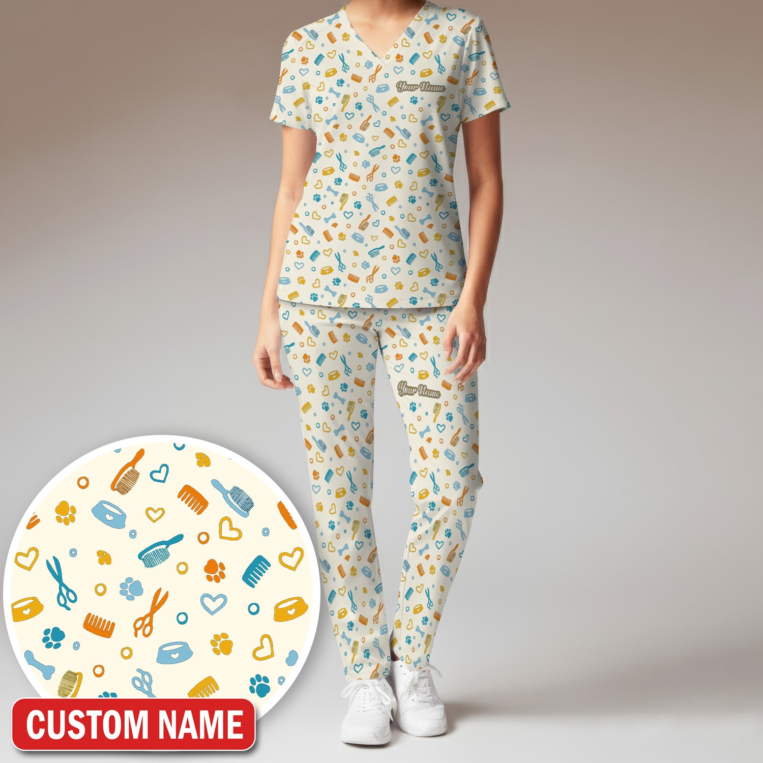 Custom Name Dog Cat Grooming Pattern Scrub Set, Scrub Pants and V Neck Top